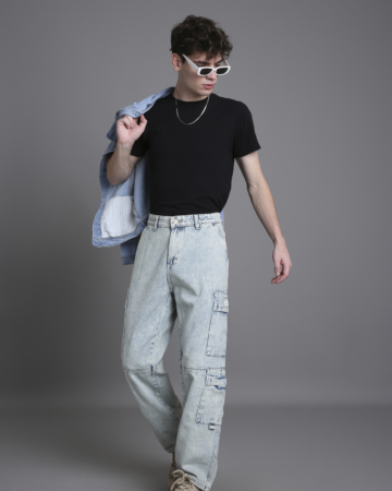 Casual Light Blue Multi-Pocket Anti Fit Denim
